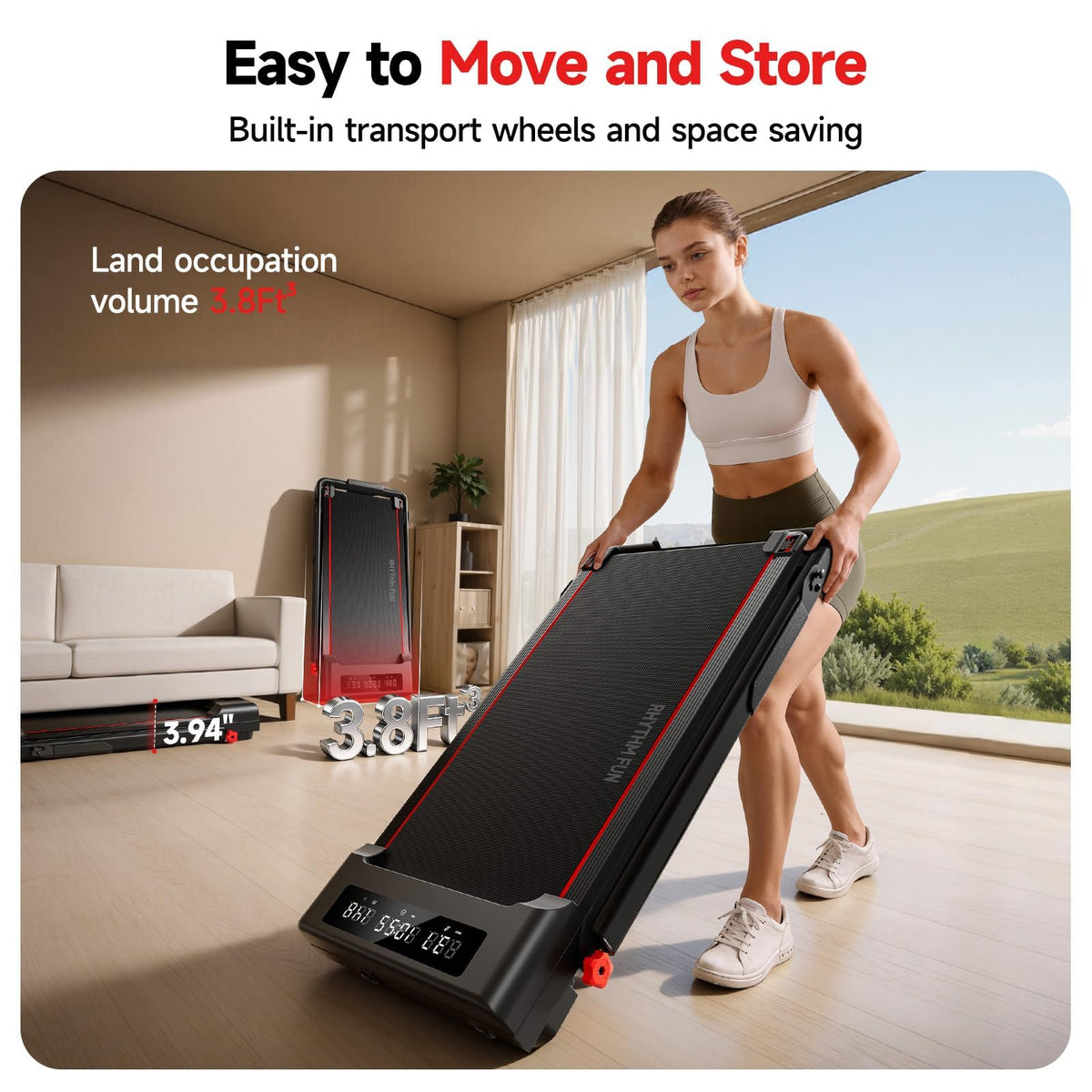 RHYTHM FUN Treadmill with Incline, Under Desk Walking Pad with Handle Bar