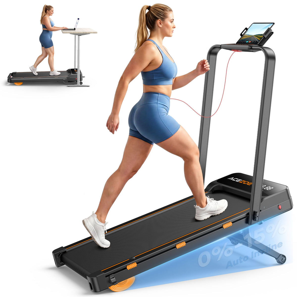Folding Treadmill with 15% AUTO Incline and Handle Bar for Home Exercise