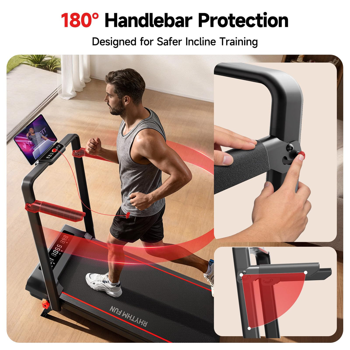 RHYTHM FUN Treadmill with Incline, Under Desk Walking Pad with Handle Bar