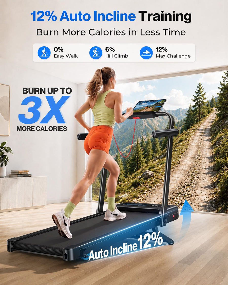 WELLFIT Walking Pad with 12% Auto Incline & Handle Bar, Foldable Treadmill