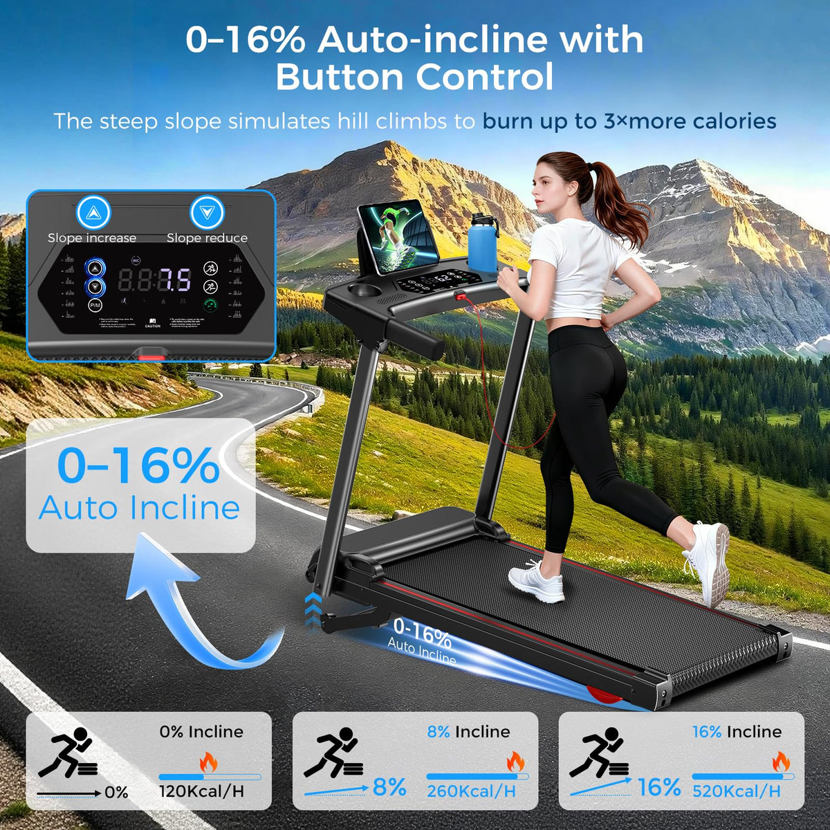 Treadmill with 0-16% Auto Incline, 0.6-7.5MPH Walking Pad Treadmills for Home, 3.0 HP Low Noise Foldable Treadmill with Handle Bar and LED Display, Walking Running Machine, 350LBS Capacity
