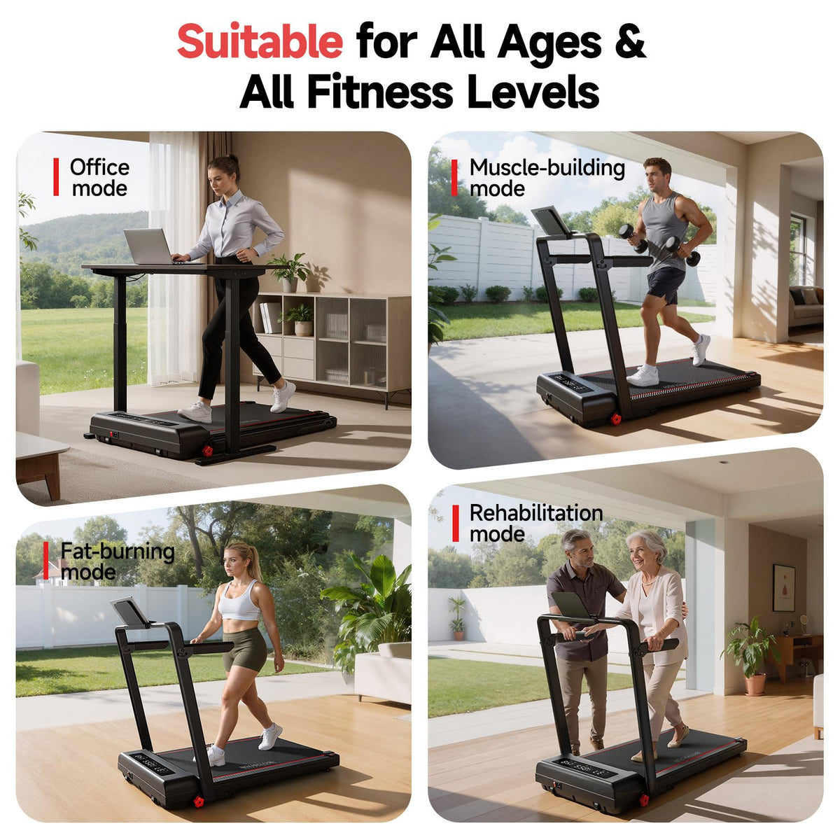 RHYTHM FUN Treadmill with Incline, Under Desk Walking Pad with Handle Bar